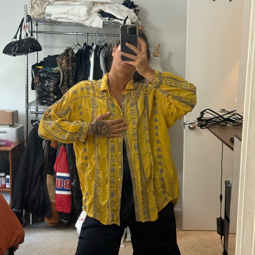 Johnny Was Yellow Embroidered Ruffled Blouse